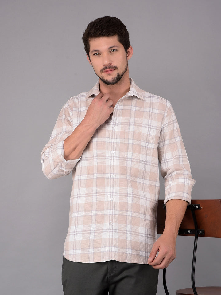 Beige 100% Cotton Checked Shirt-Men Shirts-Crimsoune Club