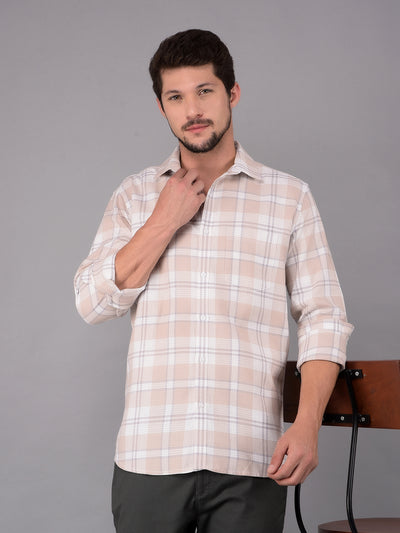 Beige 100% Cotton Checked Shirt-Men Shirts-Crimsoune Club