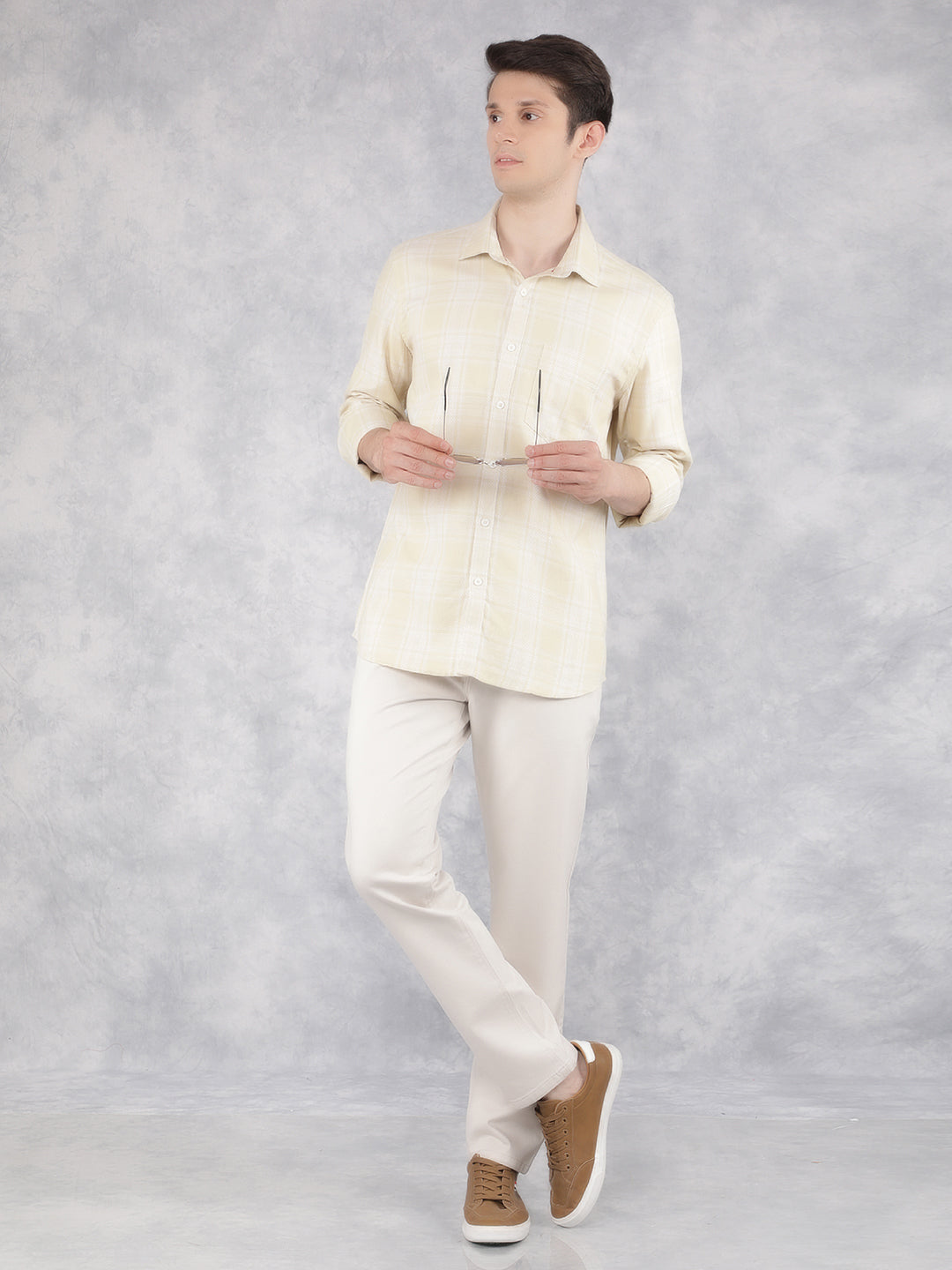 Yellow 100% Cotton Checked Shirt-Men Shirts-Crimsoune Club