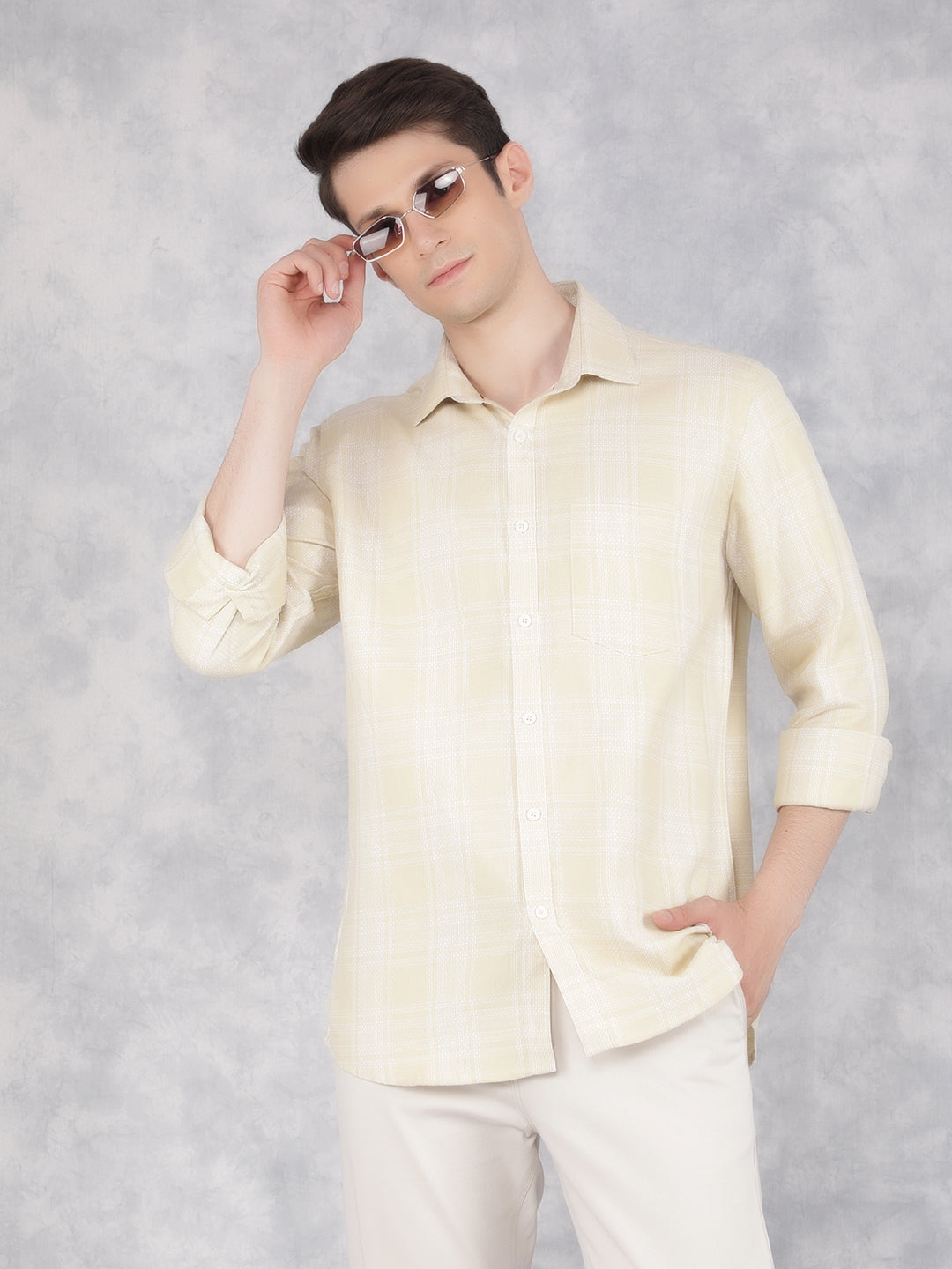 Yellow 100% Cotton Checked Shirt-Men Shirts-Crimsoune Club