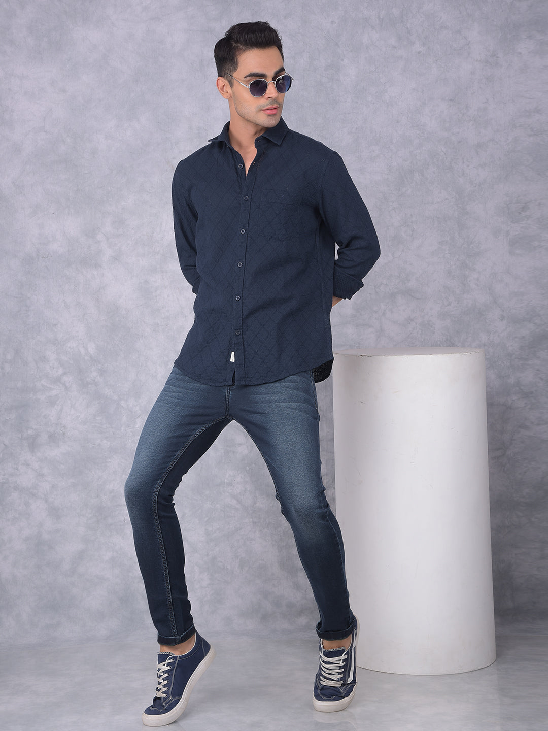 Navy Blue Printed 100% Cotton Shirt-Men Shirts-Crimsoune Club