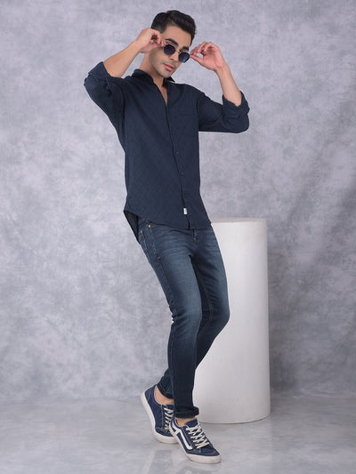 Navy Blue Printed 100% Cotton Shirt-Men Shirts-Crimsoune Club