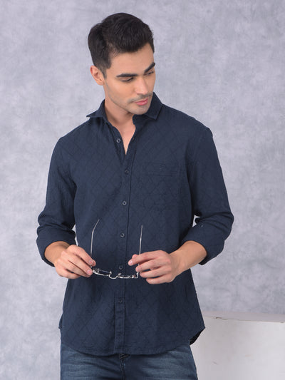 Navy Blue Printed 100% Cotton Shirt-Men Shirts-Crimsoune Club