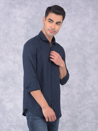 Navy Blue Printed 100% Cotton Shirt-Men Shirts-Crimsoune Club