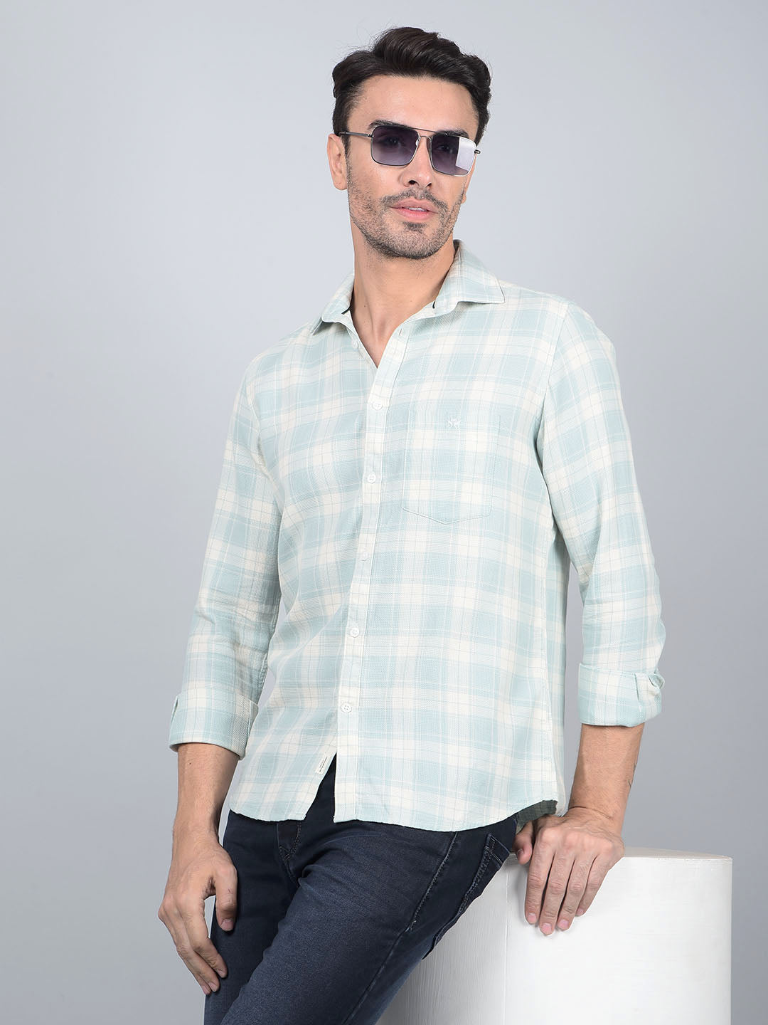 Green Checked 100% Cotton Shirt-Men Shirts-Crimsoune Club