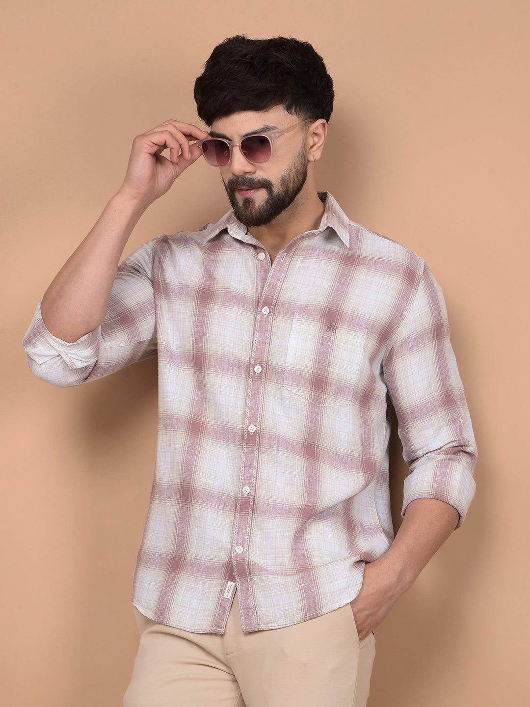 Purple Checked Linen Shirt-Men Shirts-Crimsoune Club