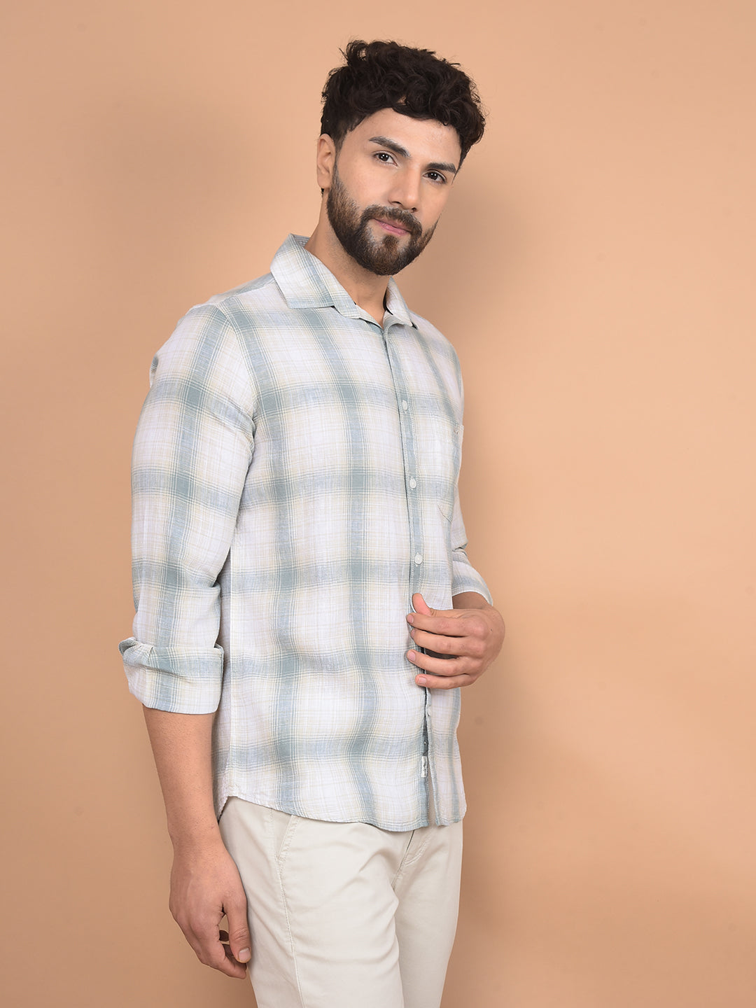 Green Checked Linen Shirt-Men Shirts-Crimsoune Club