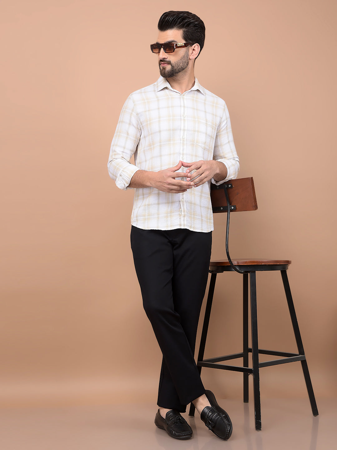 Beige Checked 100% Cotton Shirt-Men Shirts-Crimsoune Club