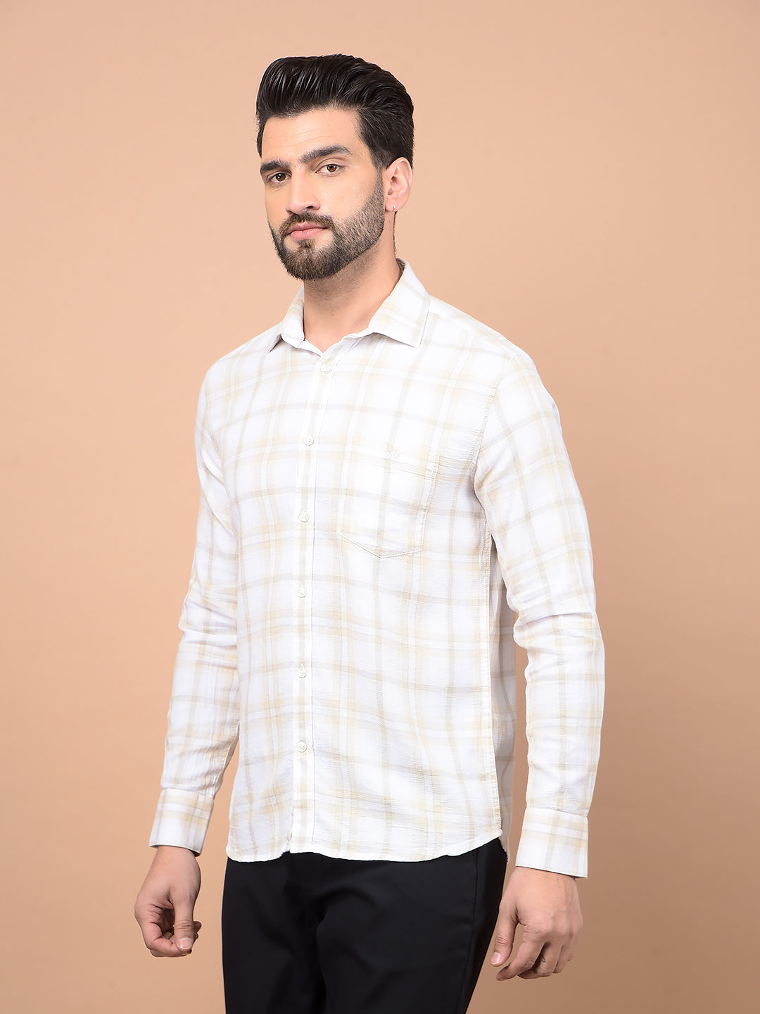 Beige Checked 100% Cotton Shirt-Men Shirts-Crimsoune Club