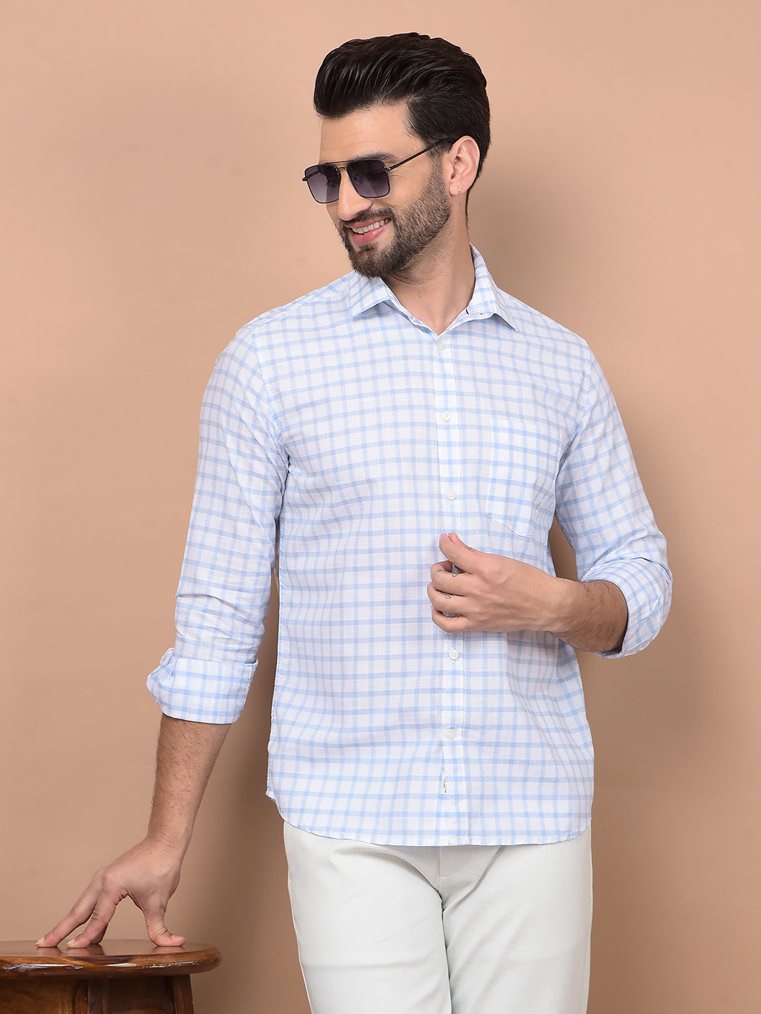 Blue Checked 100% Cotton Shirt-Men Shirts-Crimsoune Club