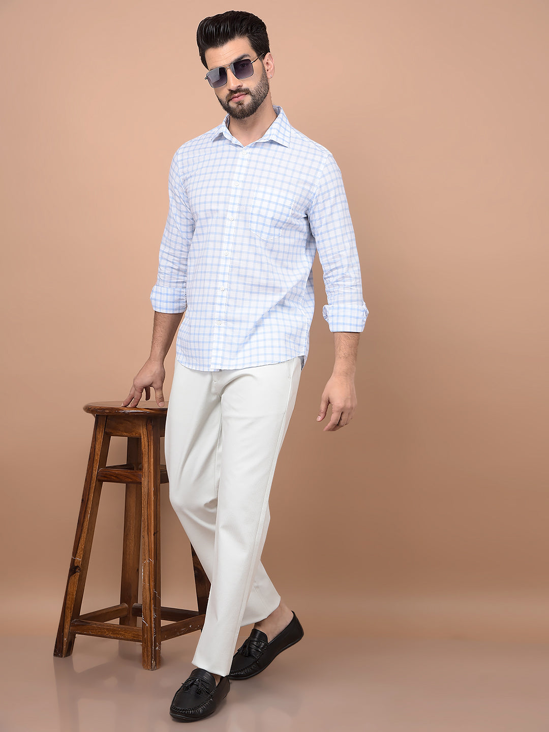 Blue Checked 100% Cotton Shirt-Men Shirts-Crimsoune Club