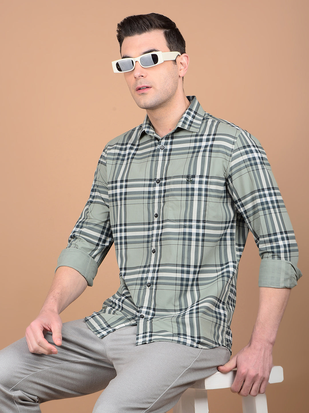Green Checked 100% Cotton Shirt-Men Shirts-Crimsoune Club