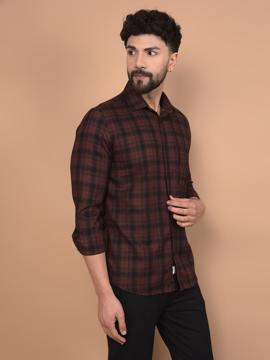 Brown Checked 100% Cotton Shirt-Men Shirts-Crimsoune Club