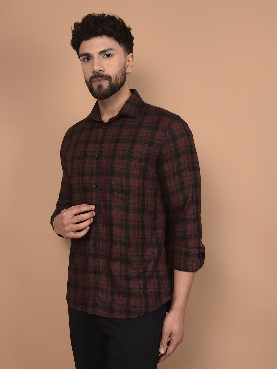 Brown Checked 100% Cotton Shirt-Men Shirts-Crimsoune Club