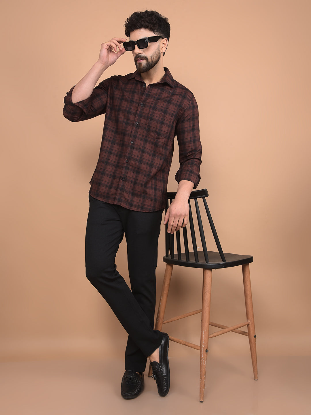 Brown Checked 100% Cotton Shirt-Men Shirts-Crimsoune Club