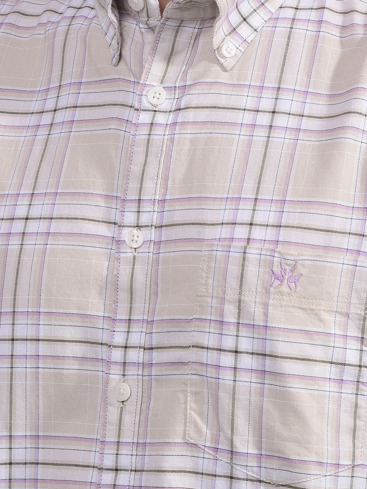 Beige Checked Button Down Collar 100% Cotton Shirt-Men Shirts-Crimsoune Club