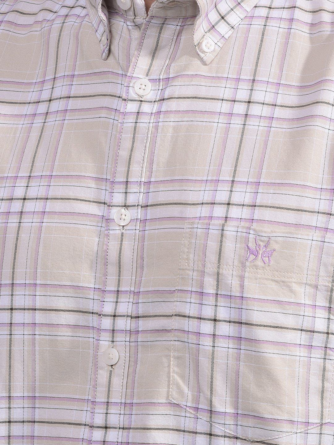Beige Checked Button Down Collar 100% Cotton Shirt-Men Shirts-Crimsoune Club