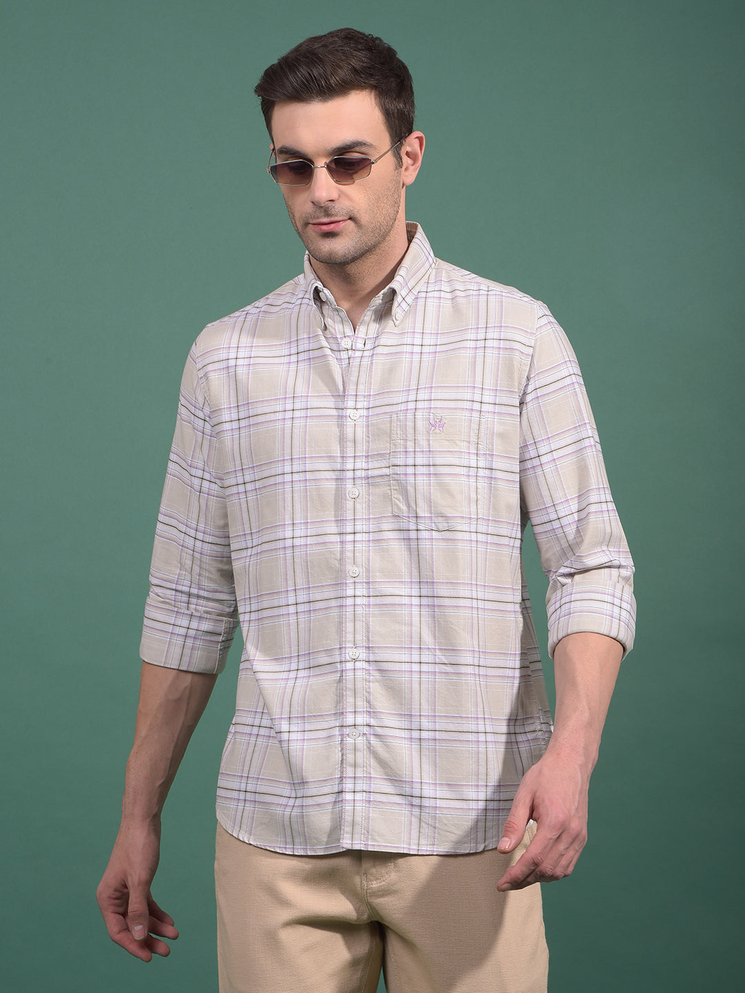Beige Checked Button Down Collar 100% Cotton Shirt-Men Shirts-Crimsoune Club