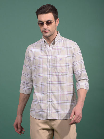 Beige Checked Button Down Collar 100% Cotton Shirt-Men Shirts-Crimsoune Club