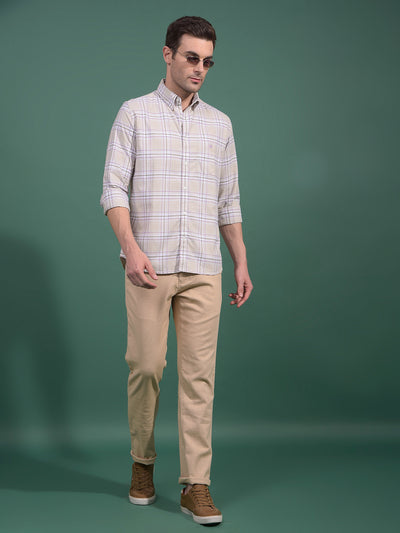 Beige Checked Button Down Collar 100% Cotton Shirt-Men Shirts-Crimsoune Club