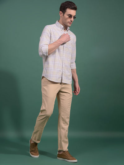 Beige Checked Button Down Collar 100% Cotton Shirt-Men Shirts-Crimsoune Club