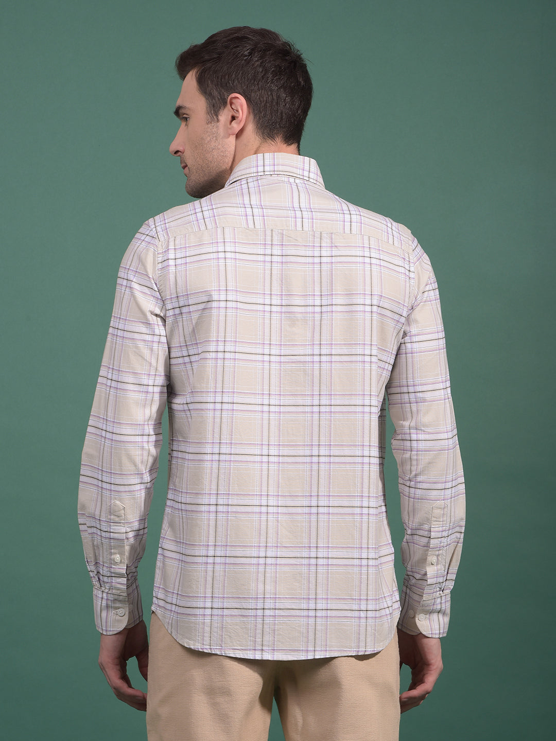 Beige Checked Button Down Collar 100% Cotton Shirt-Men Shirts-Crimsoune Club