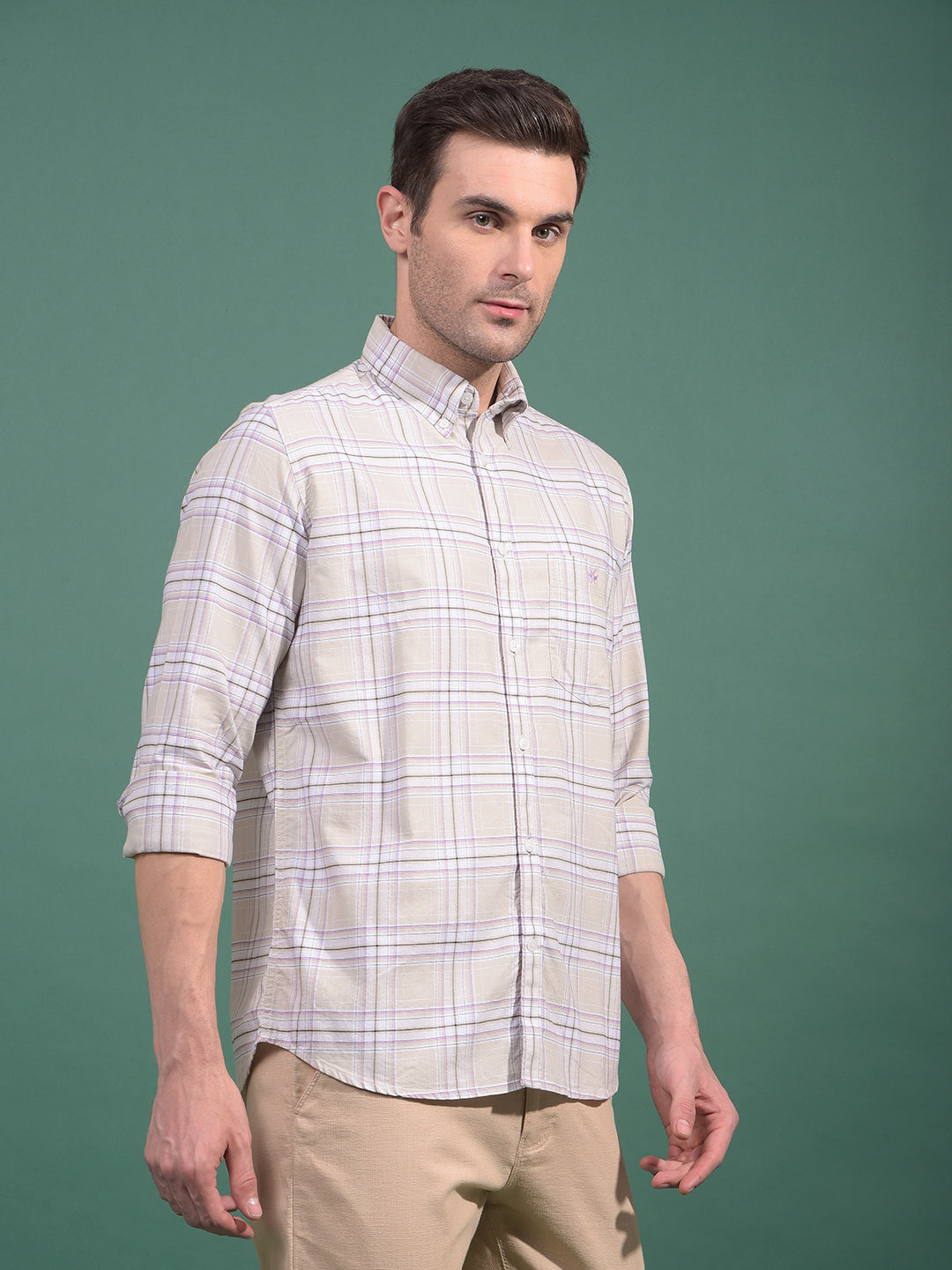Beige Checked Button Down Collar 100% Cotton Shirt-Men Shirts-Crimsoune Club