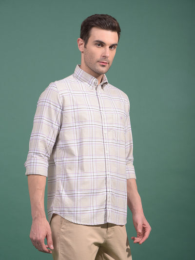 Beige Checked Button Down Collar 100% Cotton Shirt-Men Shirts-Crimsoune Club