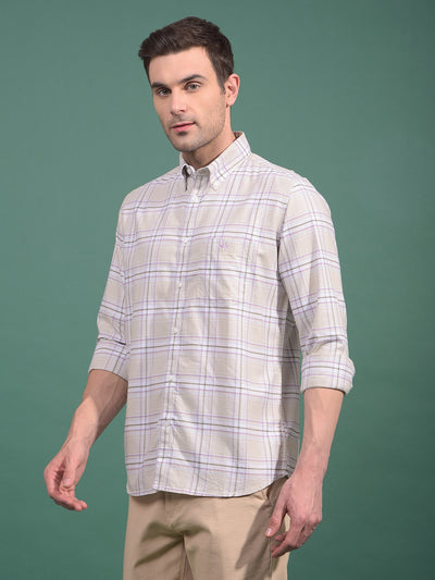 Beige Checked Button Down Collar 100% Cotton Shirt-Men Shirts-Crimsoune Club