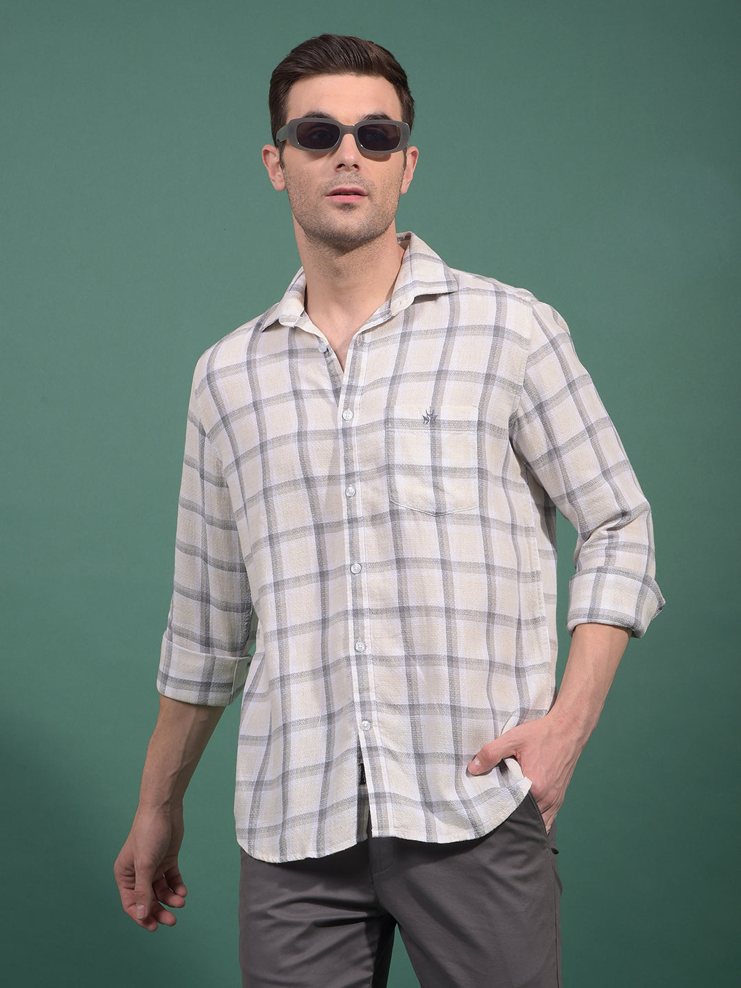 Grey Checked Linen Shirt-Men Shirts-Crimsoune Club