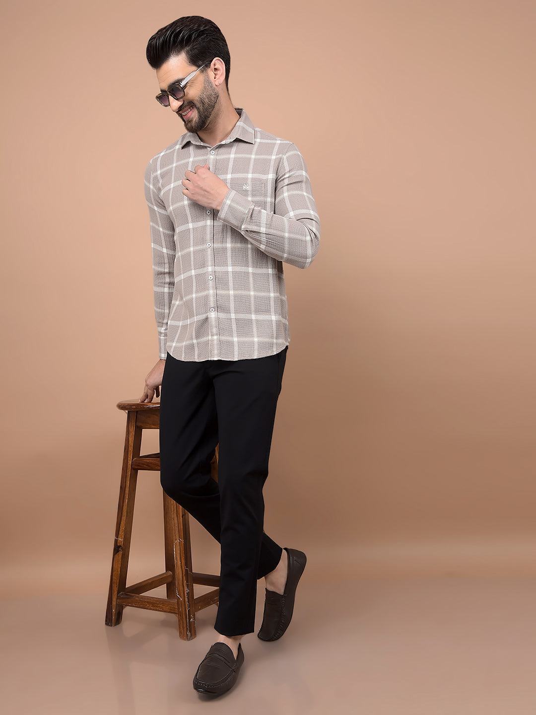 Beige Checked Shirt-Men Shirts-Crimsoune Club