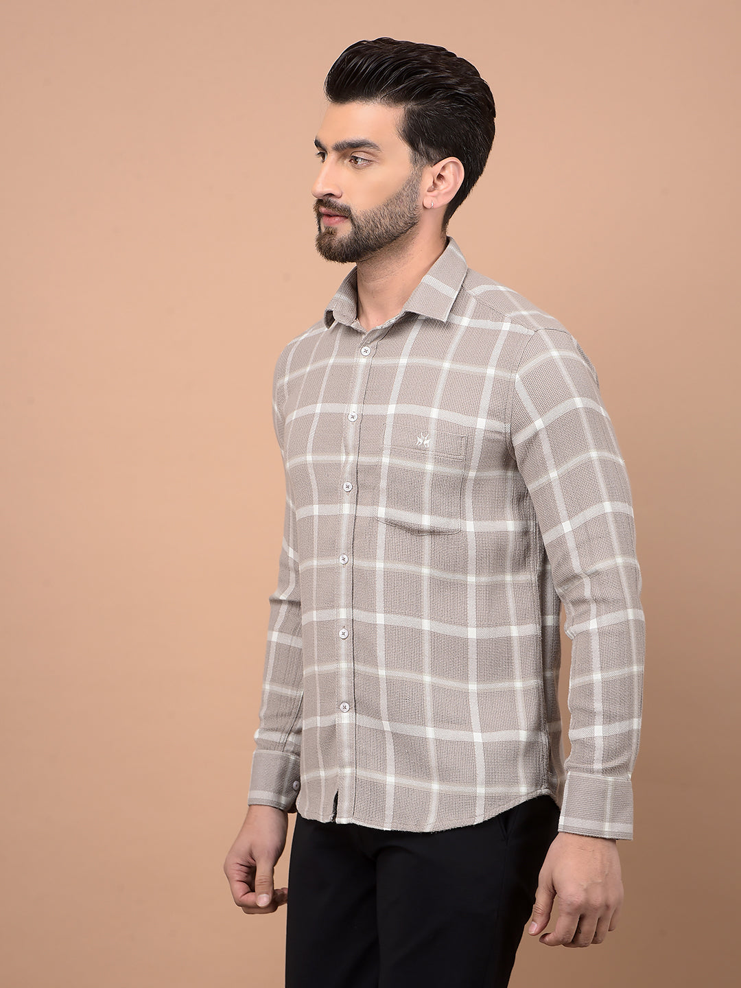 Beige Checked Shirt-Men Shirts-Crimsoune Club