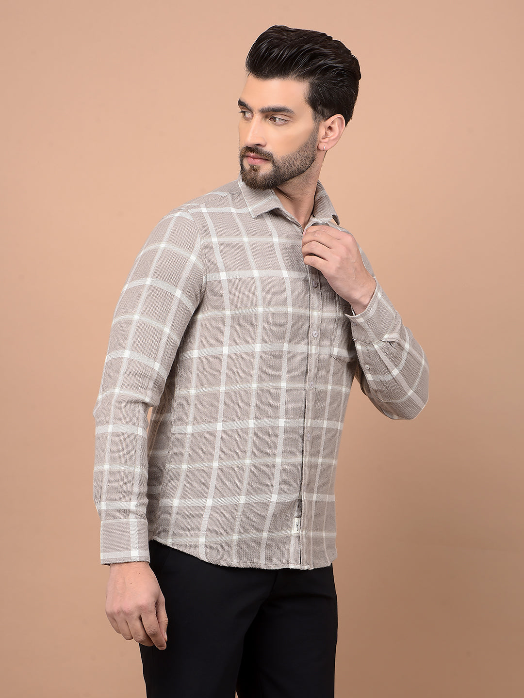 Beige Checked Shirt-Men Shirts-Crimsoune Club