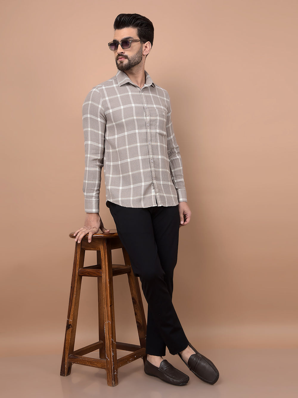 Beige Checked Shirt-Men Shirts-Crimsoune Club