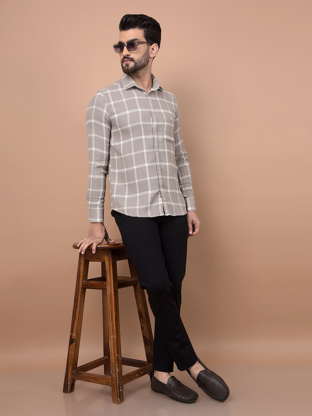 Beige Checked Shirt-Men Shirts-Crimsoune Club