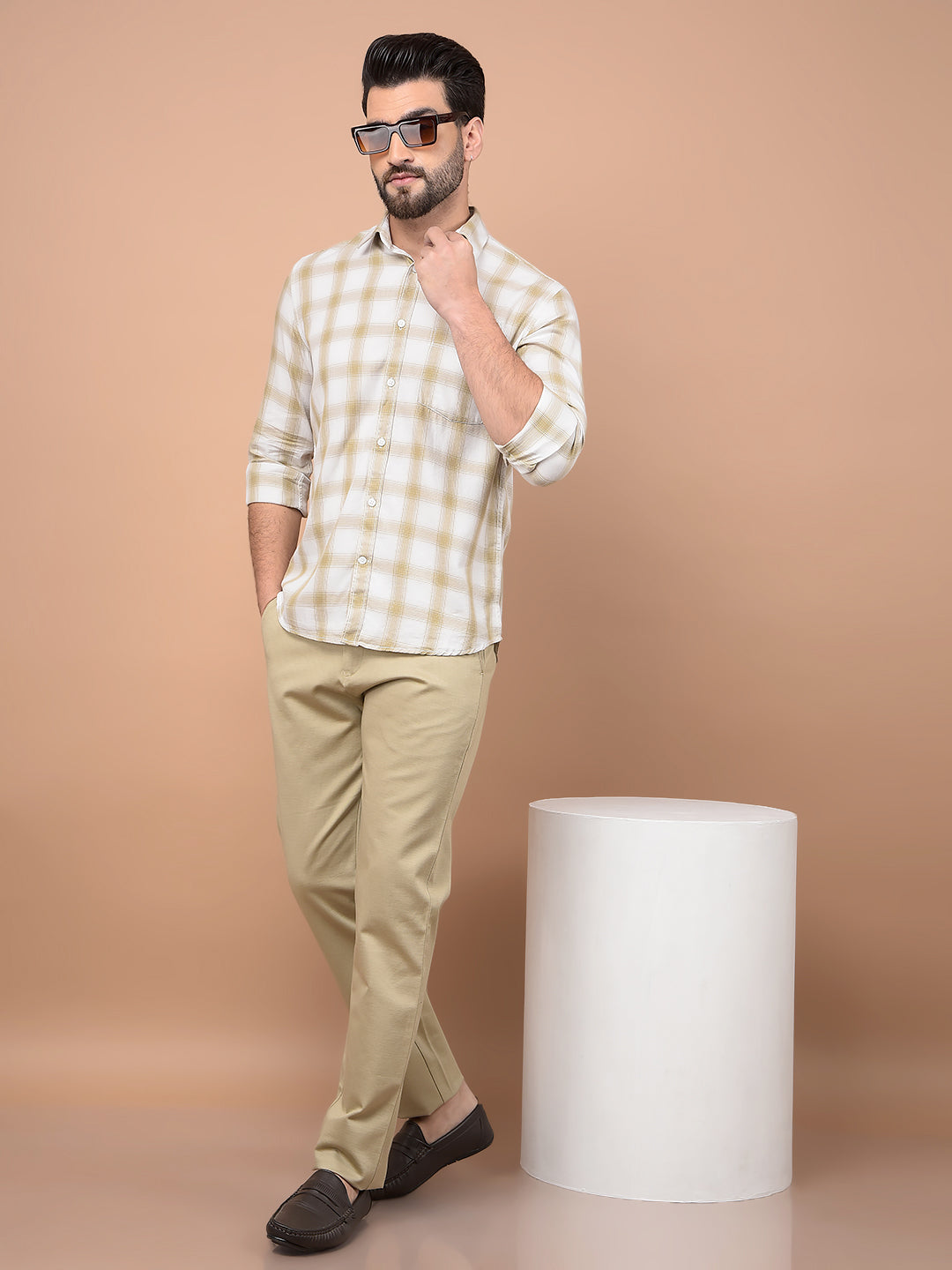 Beige Checked 100% Cotton Shirt-Men Shirts-Crimsoune Club