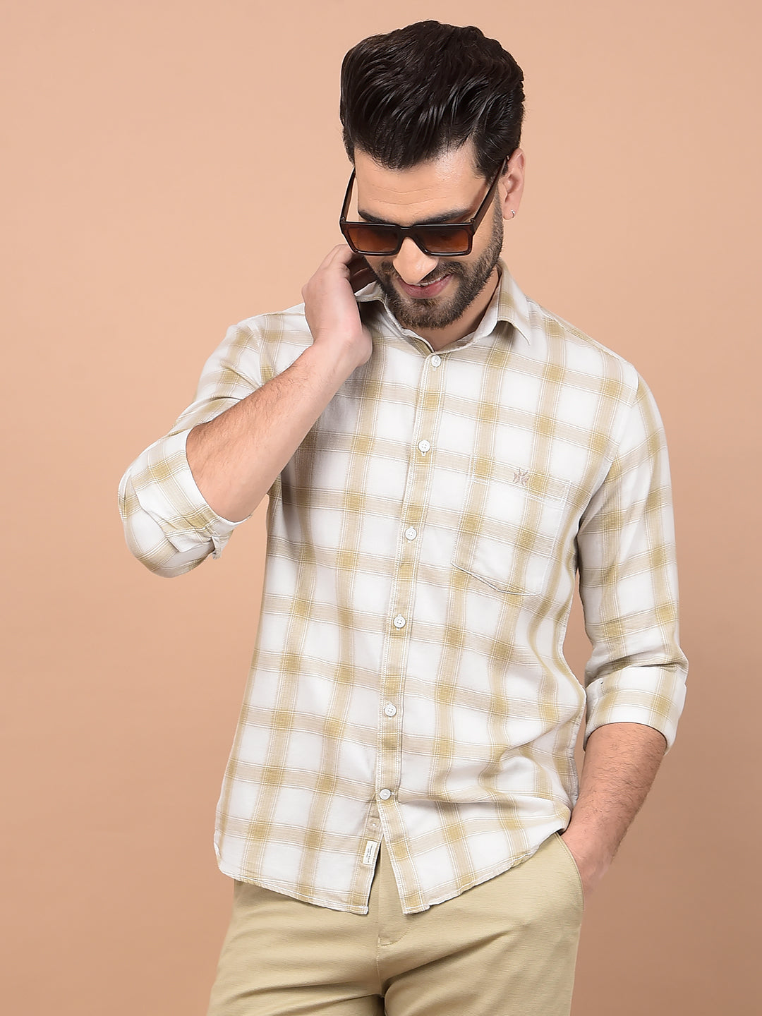 Beige Checked 100% Cotton Shirt-Men Shirts-Crimsoune Club