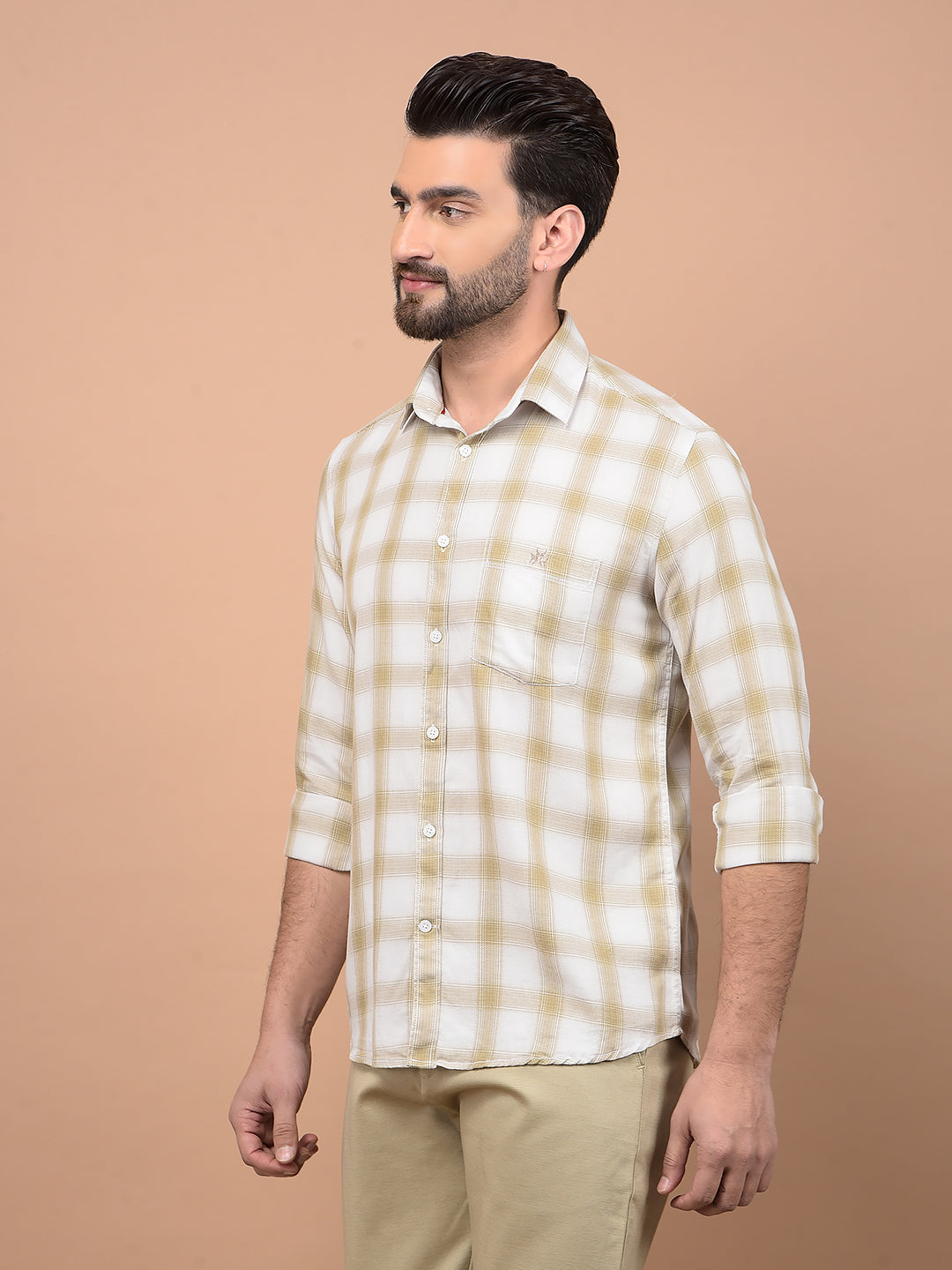 Beige Checked 100% Cotton Shirt-Men Shirts-Crimsoune Club