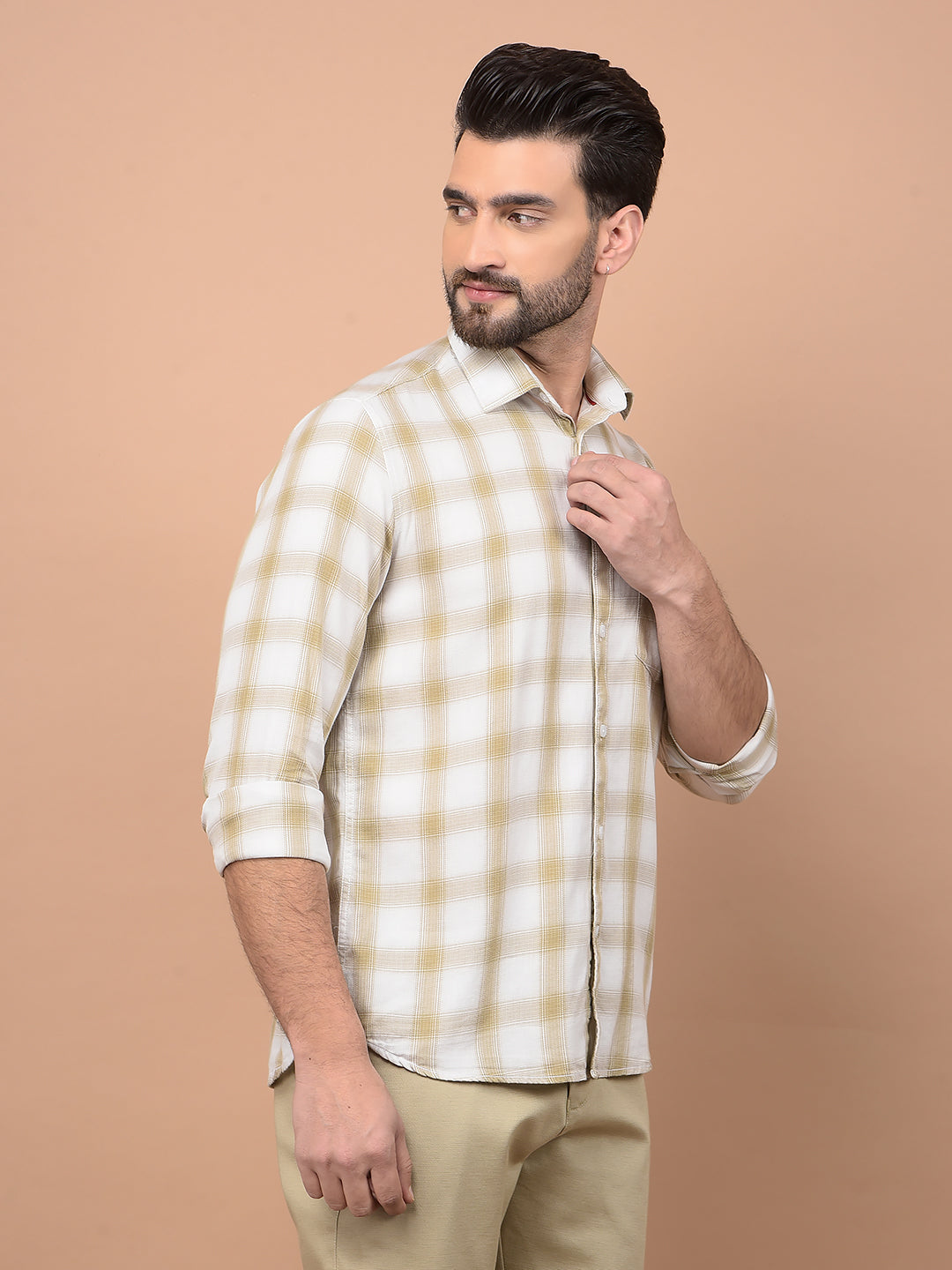 Beige Checked 100% Cotton Shirt-Men Shirts-Crimsoune Club