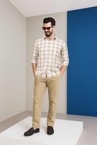Beige Checked 100% Cotton Shirt-Men Shirts-Crimsoune Club