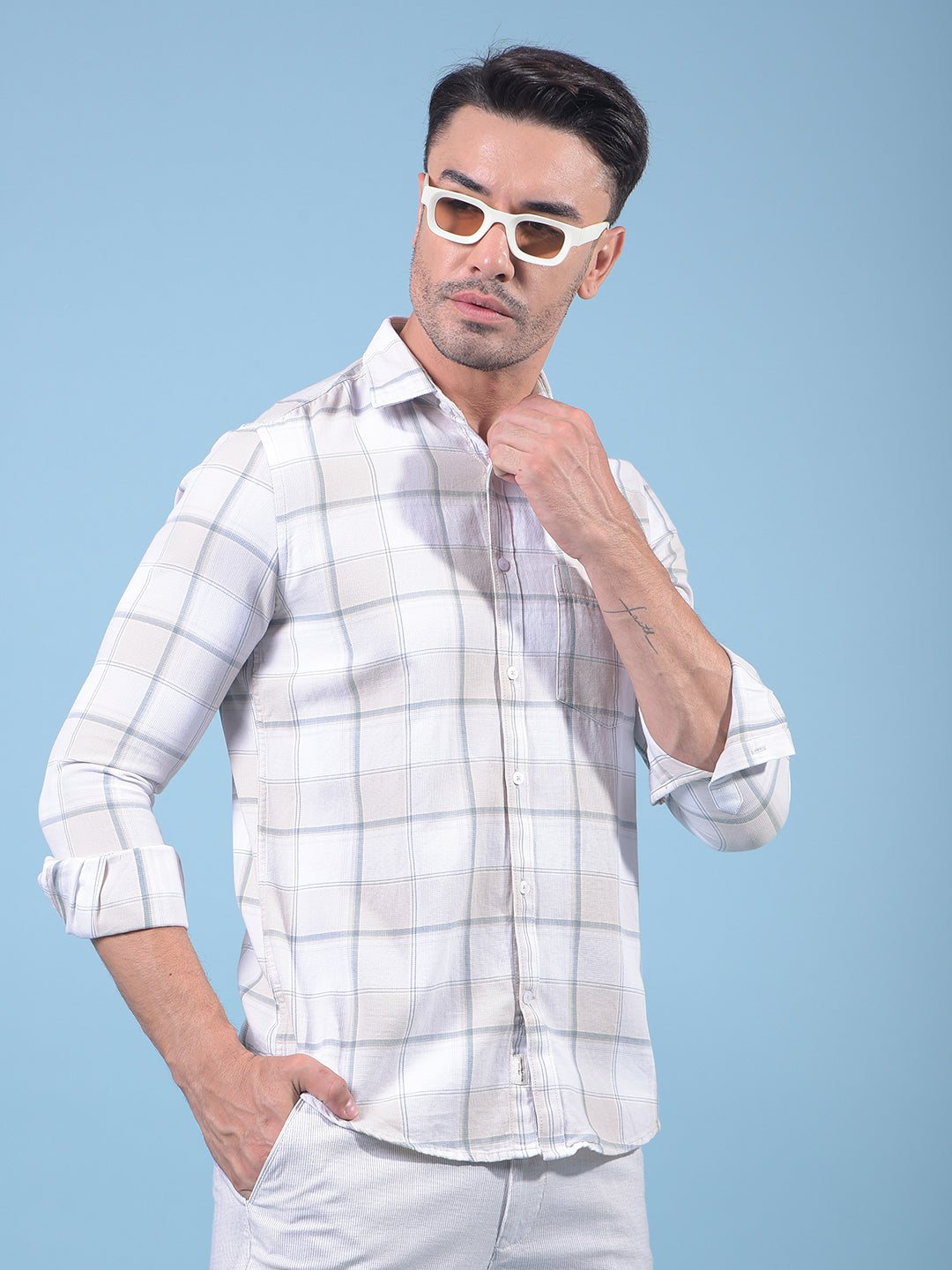 Beige Checked 100% Cotton Shirt-Men Shirts-Crimsoune Club
