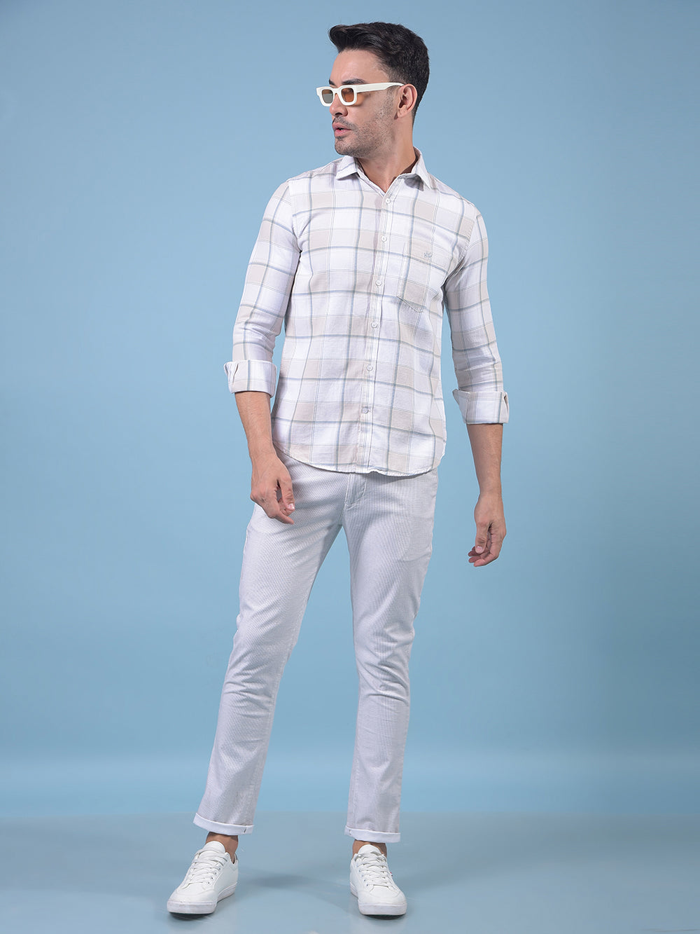 Beige Checked 100% Cotton Shirt-Men Shirts-Crimsoune Club