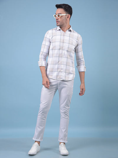 Beige Checked 100% Cotton Shirt-Men Shirts-Crimsoune Club