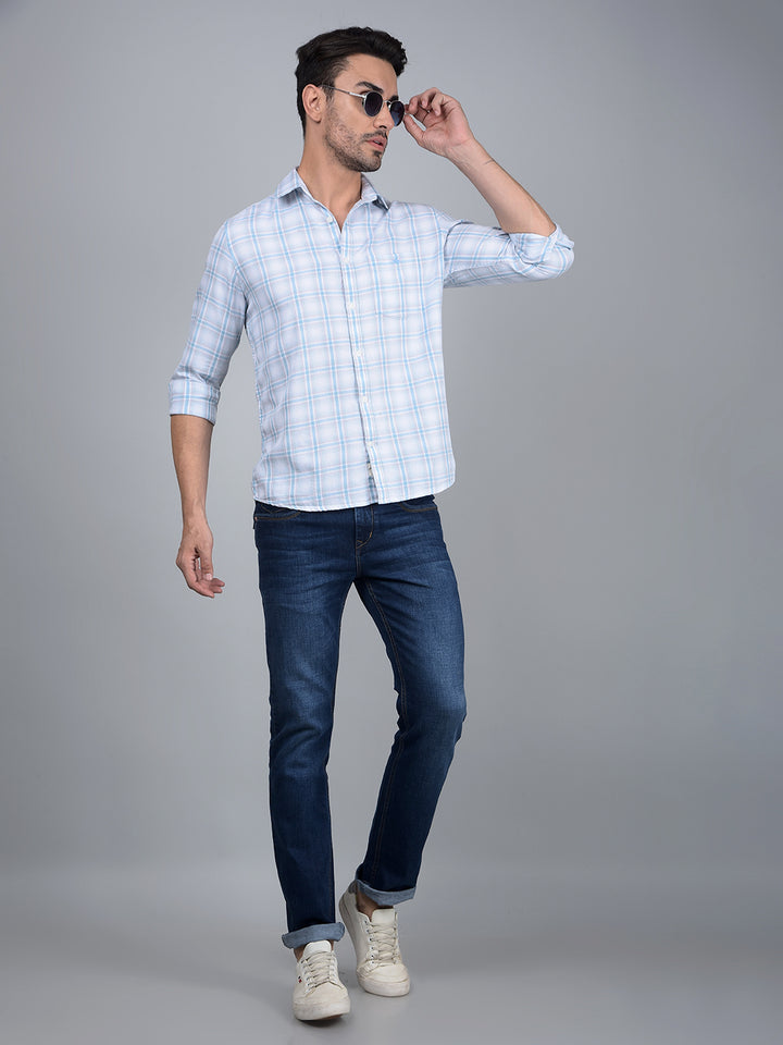 Blue Checked 100% Cotton Shirt-Men Shirts-Crimsoune Club