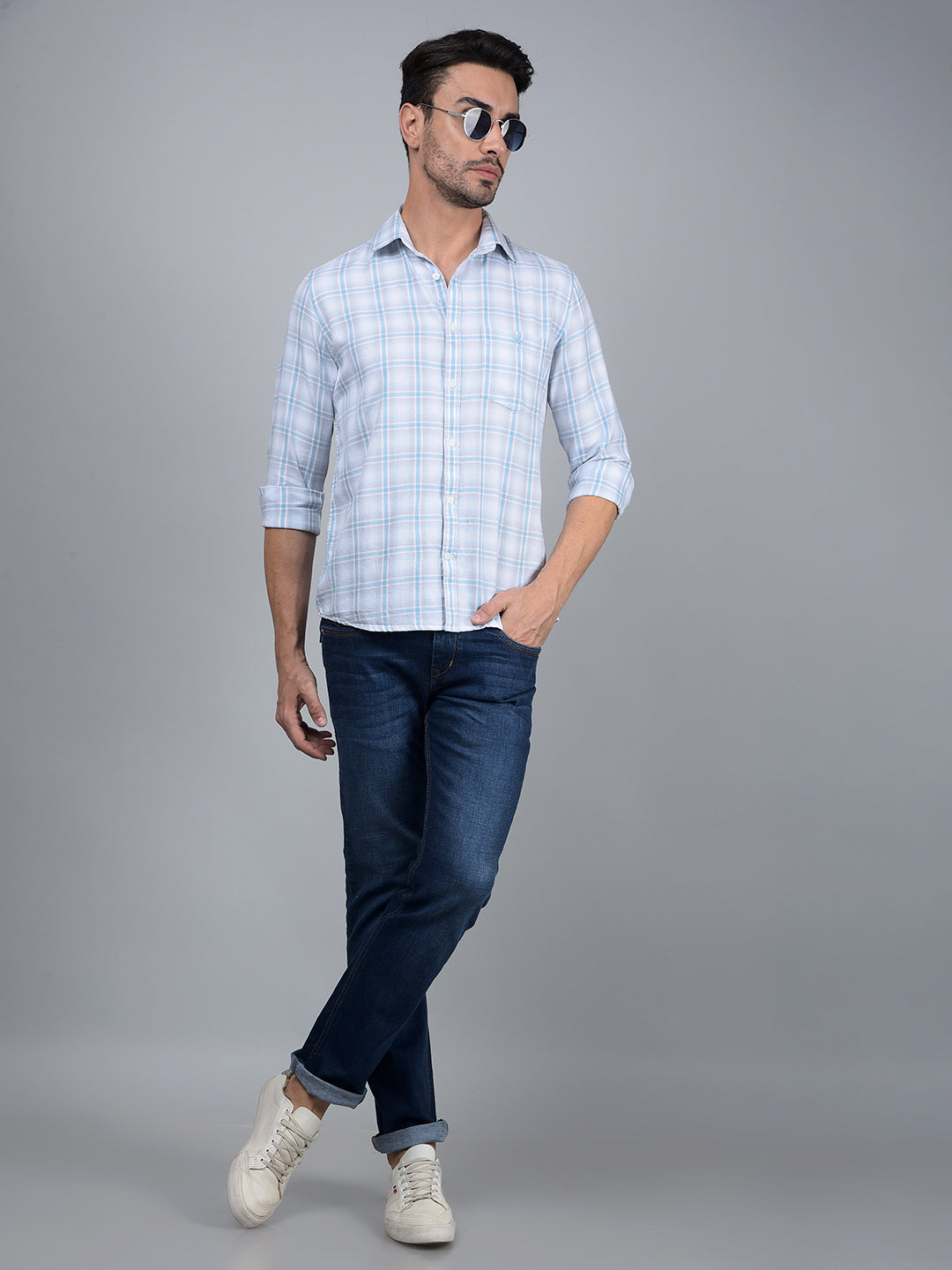Blue Checked 100% Cotton Shirt-Men Shirts-Crimsoune Club