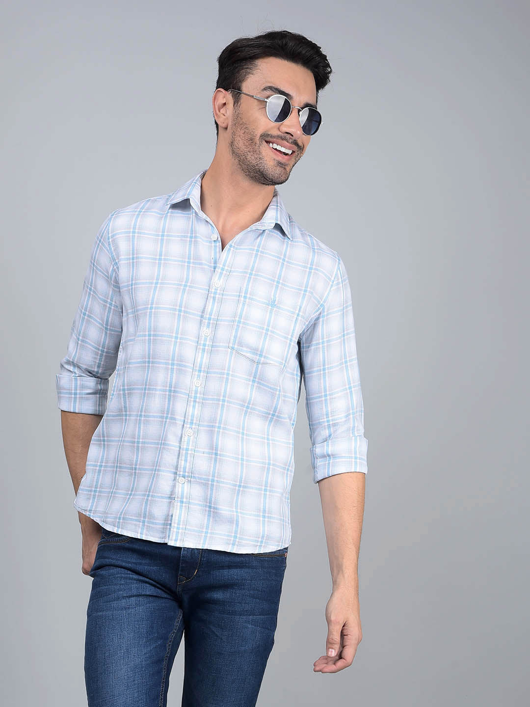 Blue Checked 100% Cotton Shirt-Men Shirts-Crimsoune Club
