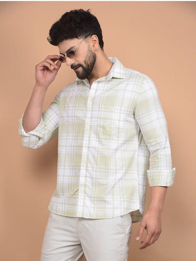 Olive Checked 100% Cotton Shirt-Men Shirts-Crimsoune Club