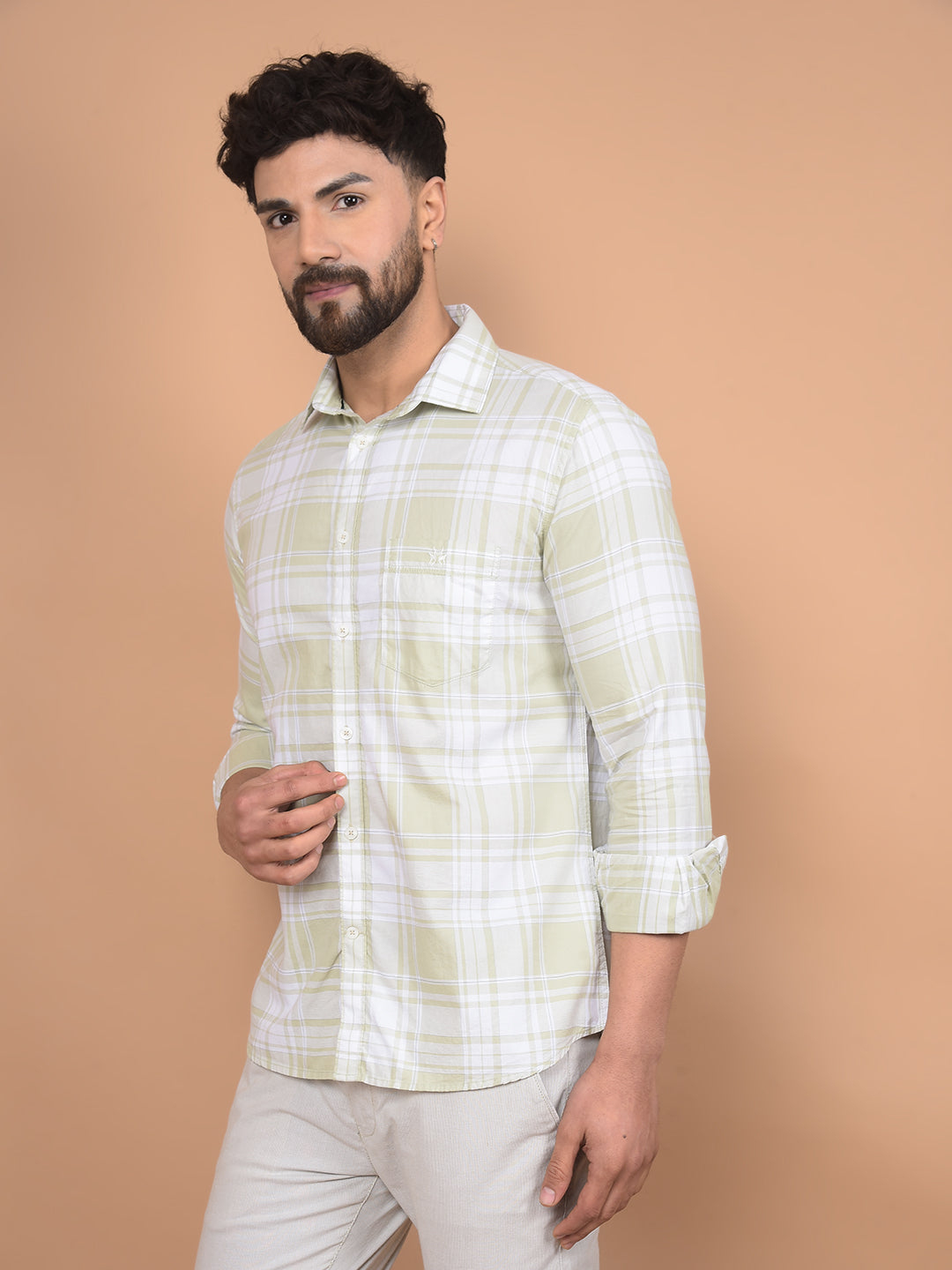 Olive Checked 100% Cotton Shirt-Men Shirts-Crimsoune Club