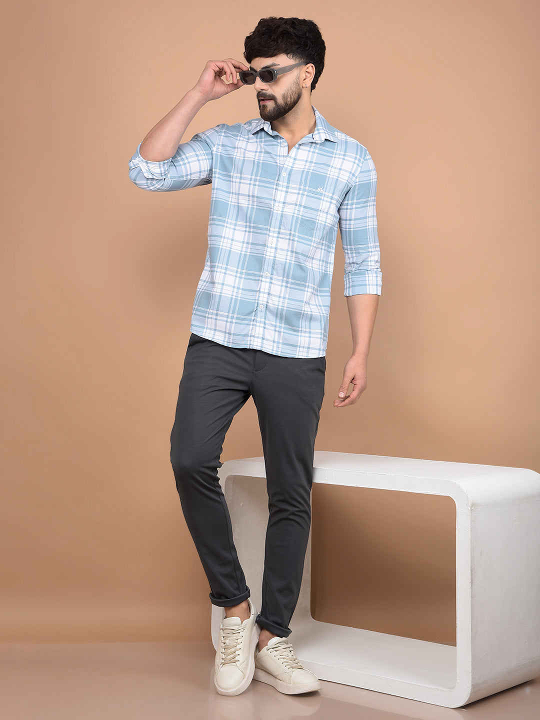 Blue Checked 100% Cotton Shirt-Men Shirts-Crimsoune Club