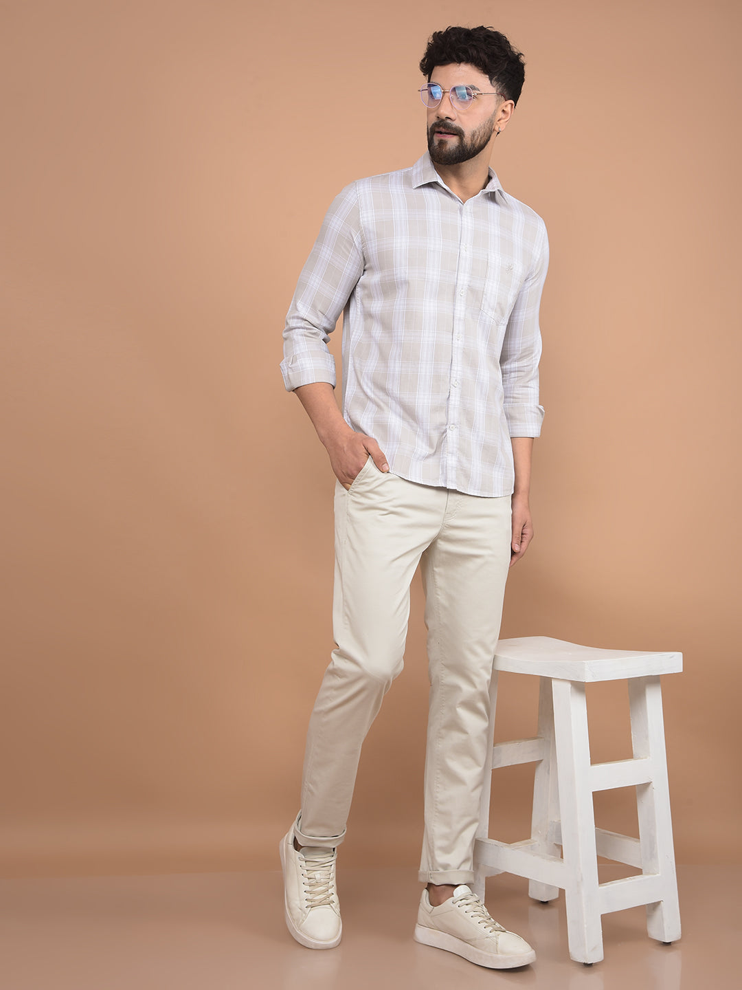 Beige Checked 100% Cotton Shirt-Men Shirts-Crimsoune Club